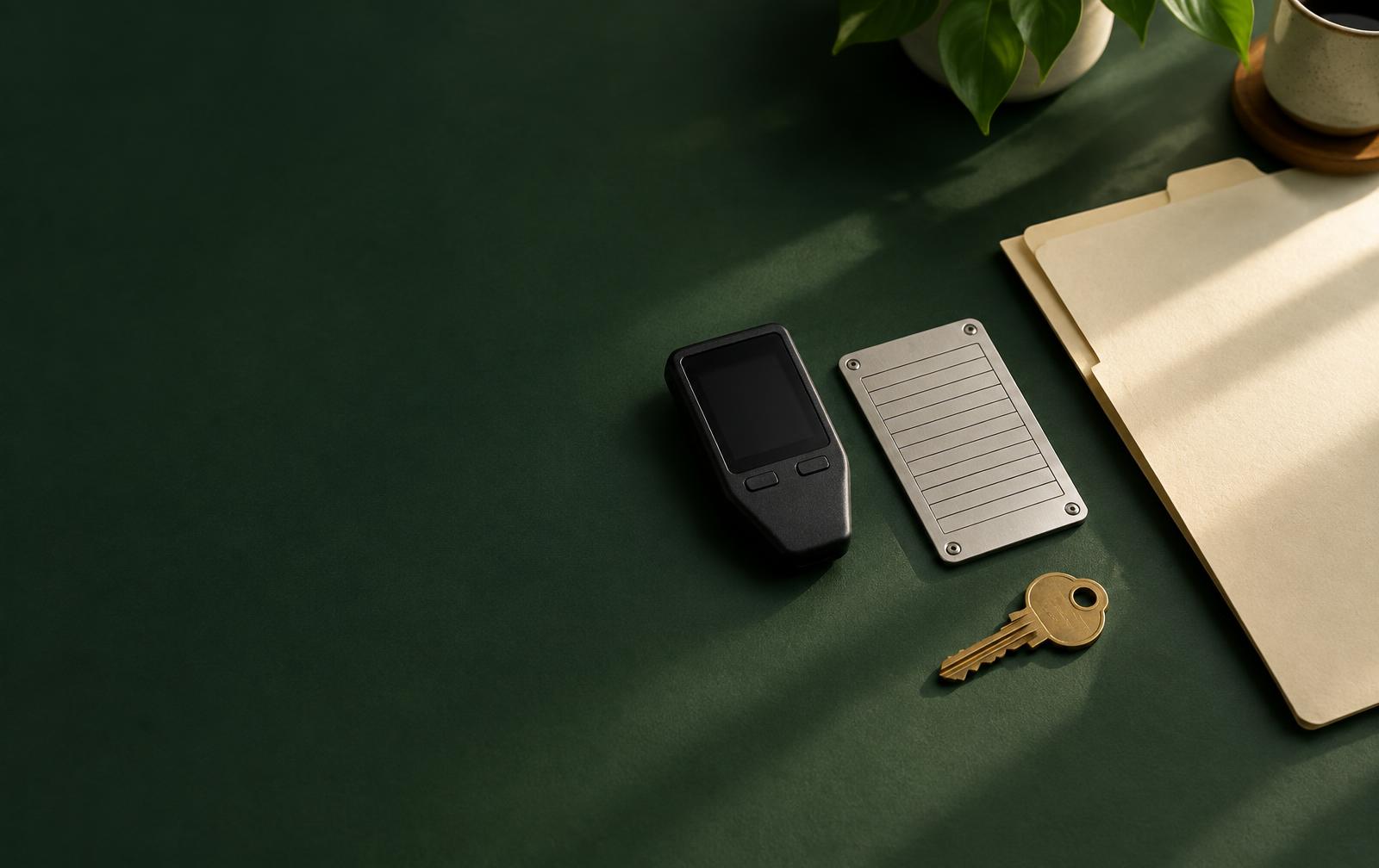 Hardware wallet, steel backup plate, estate folder, and key arranged securely